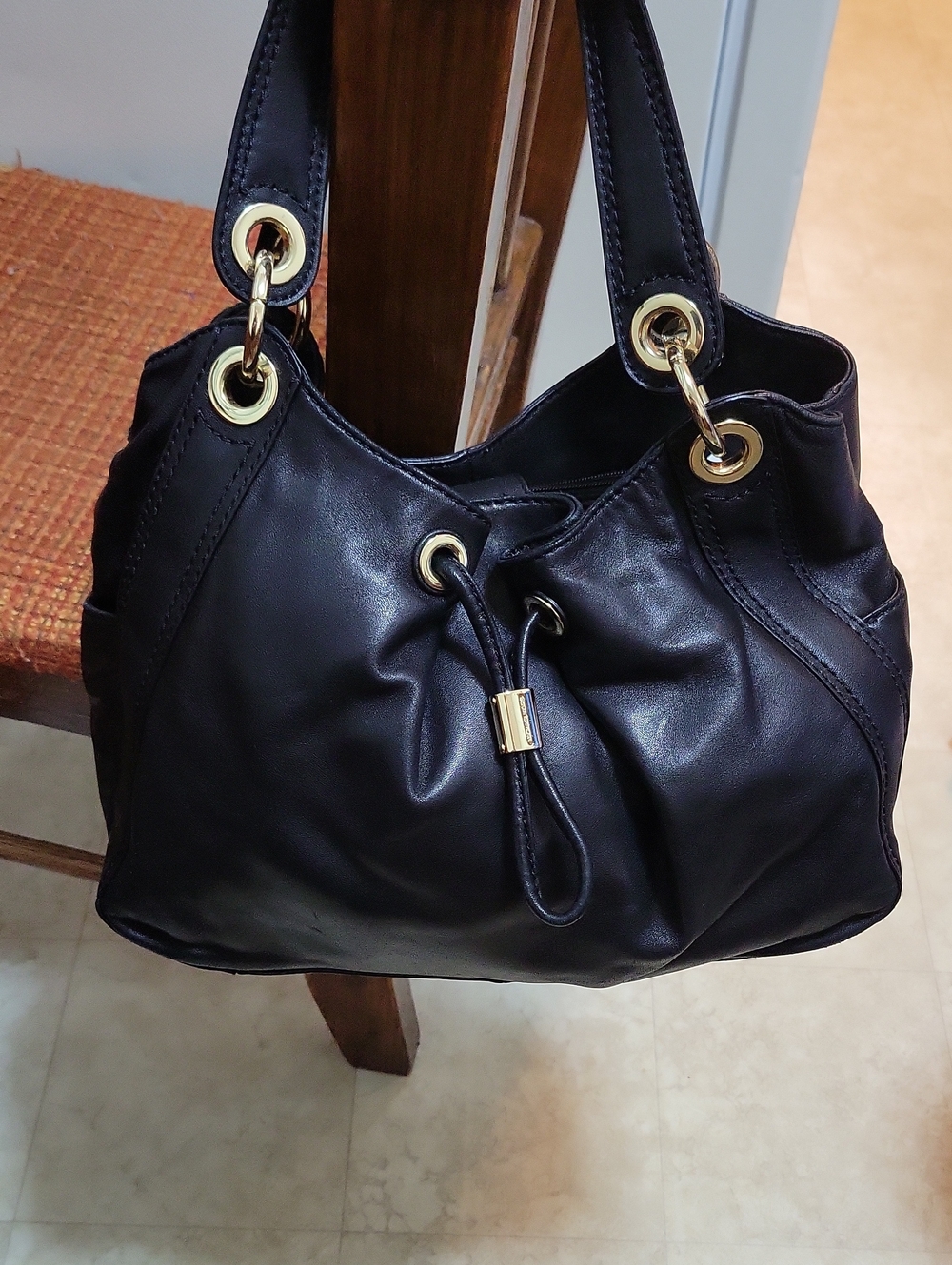 Michael Kors Black Leather Drawstring Hobo with Gold Hardware